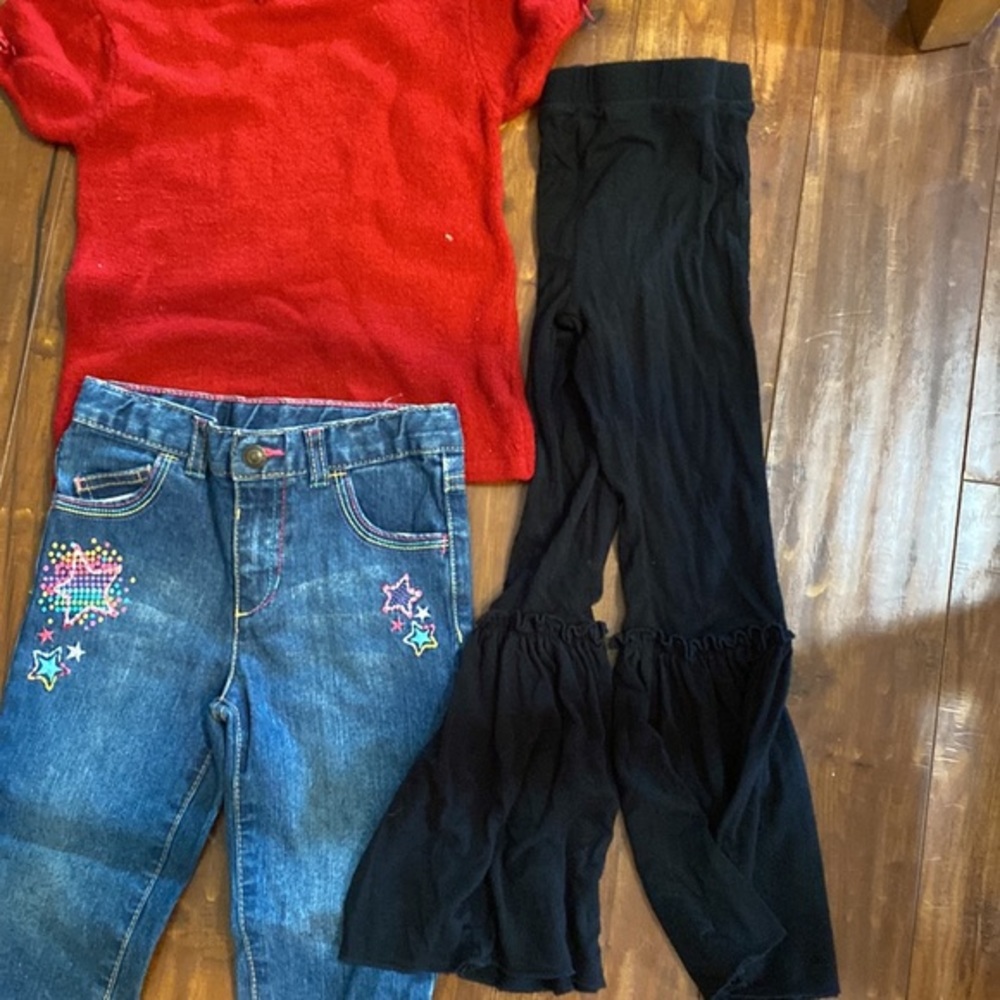 Lot of 4T TCP red stretch bow shirt Star jeans, ruffle bottom‎ black pants - Picture 7 of 9